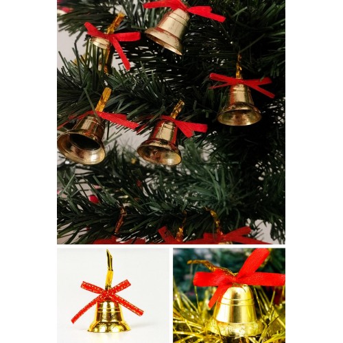 12 Adet Mini Çan Yılbaşı Çam Ağacı Süsü  3 cm Kırmızı Kurdeleli Gold Yılbaşı Çam Ağacı Süsü 