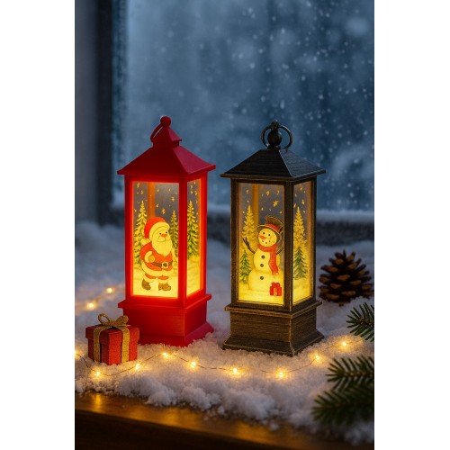 LED Işıklı Noel Feneri 2’li Set – Noel Baba & Kardan Adam Temalı Dekoratif Yılbaşı Lambası 14 Cm