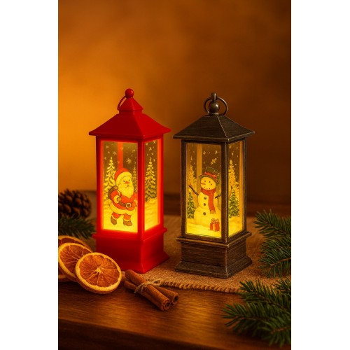 LED Işıklı Noel Feneri 2’li Set – Noel Baba & Kardan Adam Temalı Dekoratif Yılbaşı Lambası 14 Cm