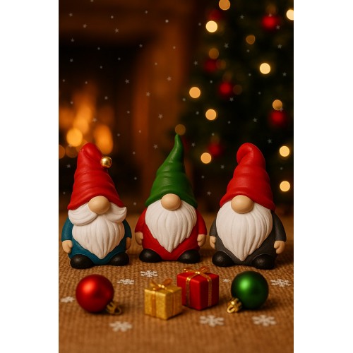 3 lü Set Noel Cüceleri El Boyama Biblo 13 Cm – Premium Yılbaşı Dekor Koleksiyonluk Hediye