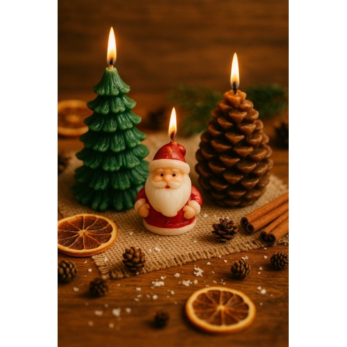 3’lü Yılbaşı Dekoratif Mum Seti – Çam Ağacı, Kozalak ve Noel Baba Şeklinde | Yeni Yıl Sofra Mumu 