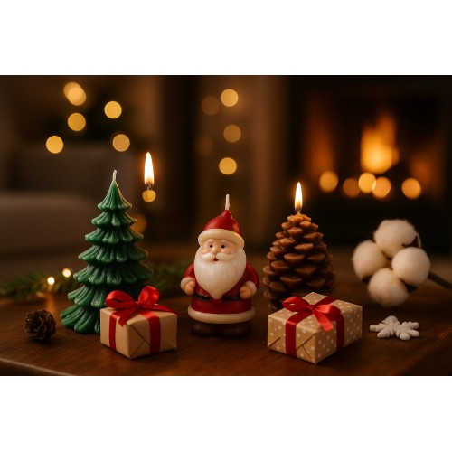 3’lü Yılbaşı Dekoratif Mum Seti – Çam Ağacı, Kozalak ve Noel Baba Şeklinde | Yeni Yıl Sofra Mumu 