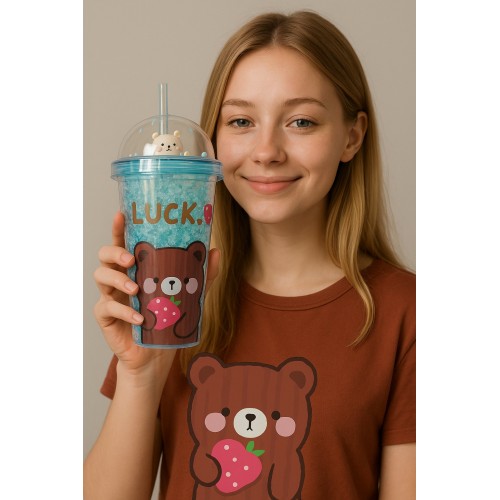 Çılgın Bear Suluk Pipetli Buzlu Cam Görünümlü 450 ML Çift Katman Mika Sevimli Suluk 2093 Mavi