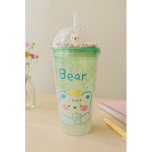 Çılgın Bear Suluk Pipetli Buzlu Cam Görünümlü 450 ML Çift Katman Sevimli Mika Suluk 2093 Yeşil