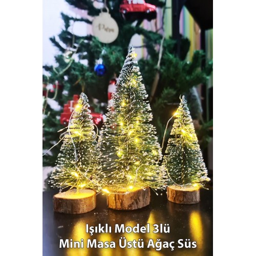 3’lü Mini Masa Üstü Yılbaşı Ağacı Seti (15 cm – 10 cm – 8 cm) | Dekoratif LED Işıklı Çam Ağaçları