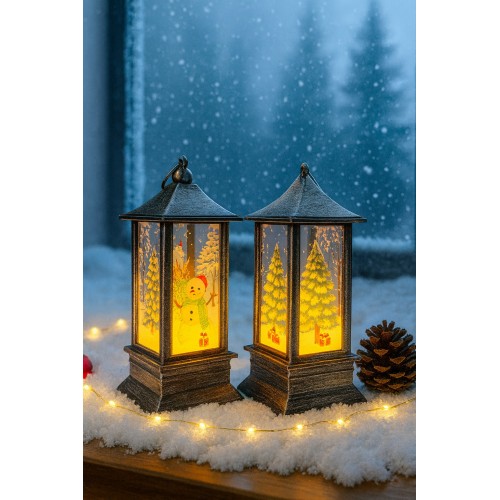LED Işıklı Noel Feneri 2’li Set – Kardan Adam  & Çam Ağacı Temalı Dekoratif Yılbaşı Lambası 14 Cm