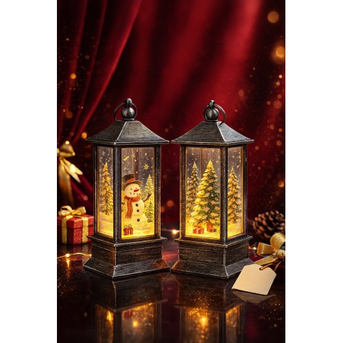 LED Işıklı Noel Feneri 2’li Set – Kardan Adam  & Çam Ağacı Temalı Dekoratif Yılbaşı Lambası 14 Cm
