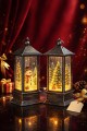 LED Işıklı Noel Feneri 2’li Set – Kardan Adam  & Çam Ağacı Temalı Dekoratif Yılbaşı Lambası 14 Cm