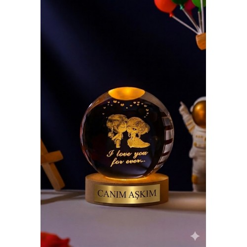 Canım Aşkım Yazılı Sevgiliye LED Işıklı Kristal Küre Lamba USB'li Ahşap Standlı Masa Lambası 