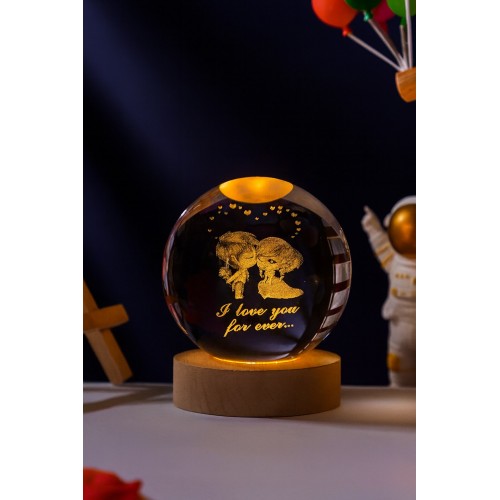Canım Aşkım Yazılı Sevgiliye LED Işıklı Kristal Küre Lamba USB'li Ahşap Standlı Masa Lambası 