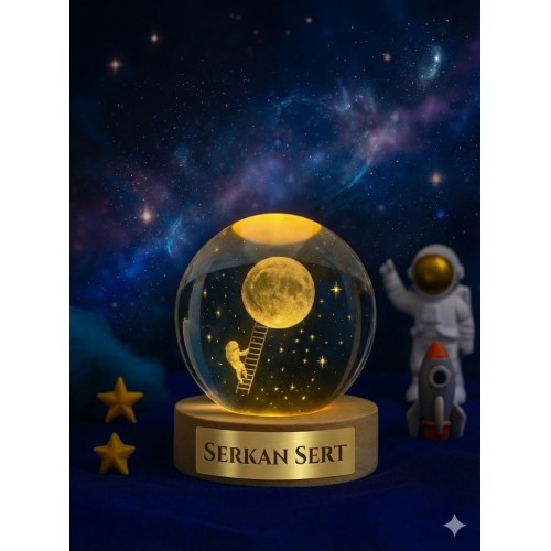 Kişiye Özel 3D Ay Merdiveni Temalı Kristal Küre Led Gece Lambası – USB'li Ahşap Standlı LED Lamba