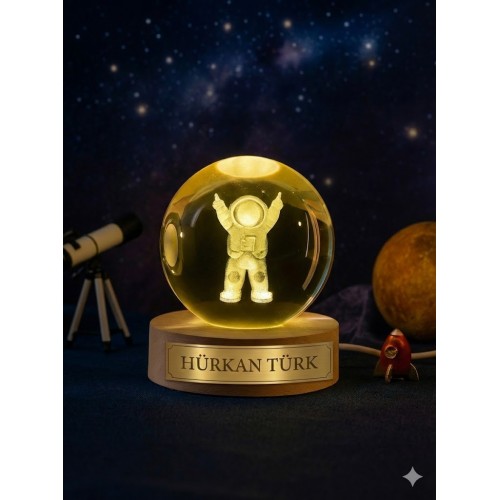 Kişiye Özel 3D Astronot Küre Kristal  Led Gece Lambası – USB'li Ahşap Standlı LED Masa Gece Lambası