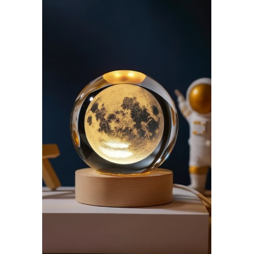 Kişiye Özel 3D Ay Küre Kristal Gün Işığı Led Gece Lambası – USB'li Ahşap Standlı LED Masa Lambası