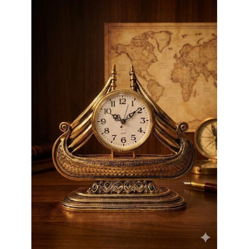 Büyük Boy Vintage Gemi Tasarımlı Dekoratif Masa Saati | Antik Gold Koleksiyonluk Klasik Saat 28 cm 
