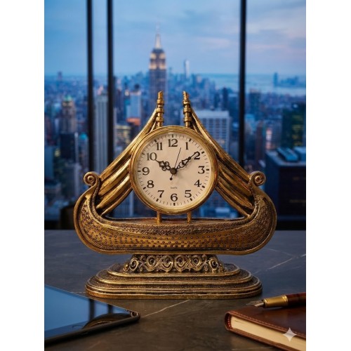 Büyük Boy Vintage Gemi Tasarımlı Dekoratif Masa Saati | Antik Gold Koleksiyonluk Klasik Saat 28 cm 