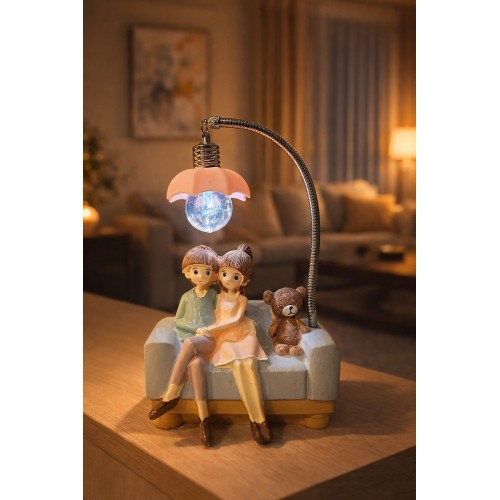 Romantik Çift Figürlü Işıklı Biblo – Genç & Yatak Odası Dekoru - Sevgiliye Hediye, 18 cm Pembe