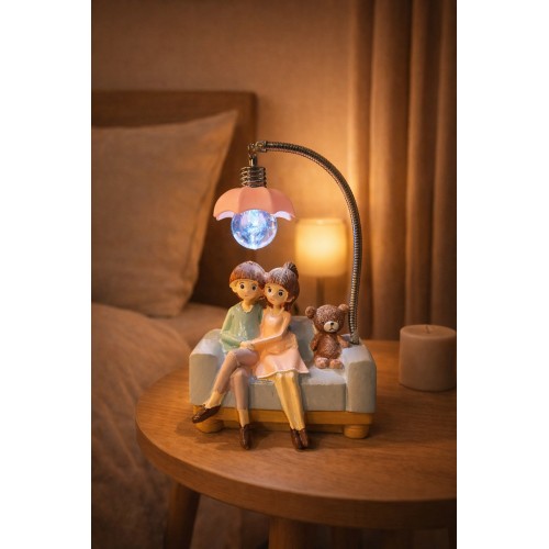 Romantik Çift Figürlü Işıklı Biblo – Genç & Yatak Odası Dekoru - Sevgiliye Hediye, 18 cm Pembe