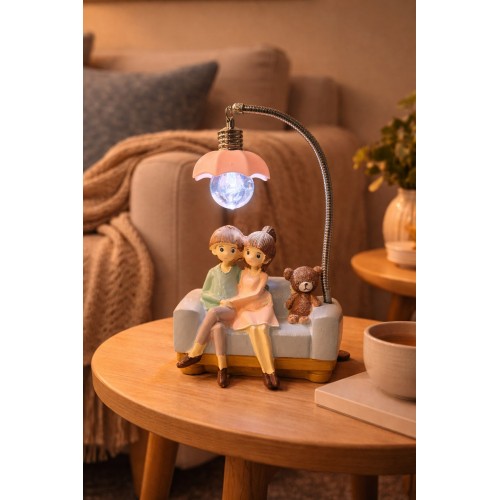 Romantik Çift Figürlü Işıklı Biblo – Genç & Yatak Odası Dekoru - Sevgiliye Hediye, 18 cm Pembe
