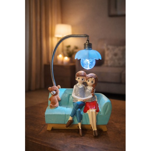 Romantik Çift Figürlü Işıklı Biblo – Genç & Yatak Odası Dekoru - Sevgiliye Hediye, 18 cm Mavi
