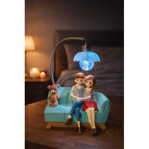 Romantik Çift Figürlü Işıklı Biblo – Genç & Yatak Odası Dekoru - Sevgiliye Hediye, 18 cm Mavi