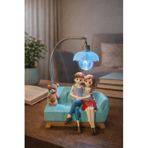 Romantik Çift Figürlü Işıklı Biblo – Genç & Yatak Odası Dekoru - Sevgiliye Hediye, 18 cm Mavi