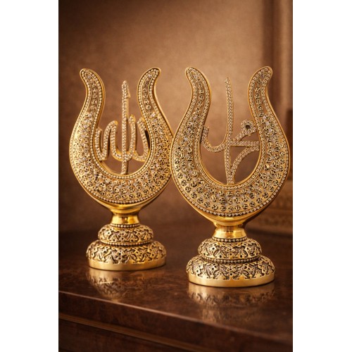 Allah & Muhammed Yazılı Lale Taşlı Gold Masa Üstü Dekor Seti – Klasik ve Asil Tasarım 22cm