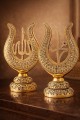 Allah & Muhammed Yazılı Lale Taşlı Gold Masa Üstü Dekor Seti – Klasik ve Asil Tasarım 22cm