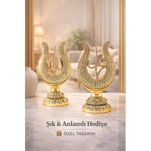 Allah & Muhammed Yazılı Lale Taşlı Gold Masa Üstü Dekor Seti – Klasik ve Asil Tasarım 22cm