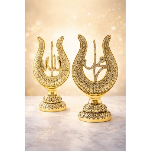 Allah & Muhammed Yazılı Lale Taşlı Gold Masa Üstü Dekor Seti – Klasik ve Asil Tasarım 22cm