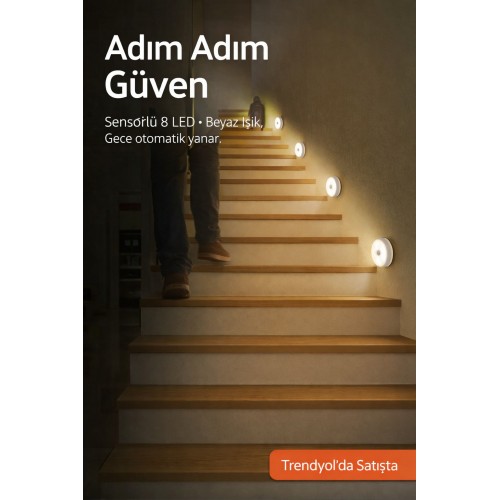 1 Adet Hareket Sensörlü Beyaz Işık Led Gece Lambası – Kablosuz 8 Ledli | Merdiven, Koridor