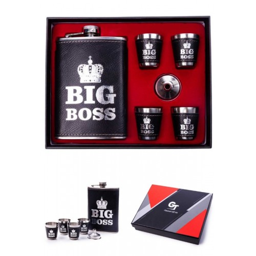 Çelik Matara Hediye Seti Big Boss  Temalı Deri Kaplamalı İçecek Cep Matarası 4 Shot Bardaklı