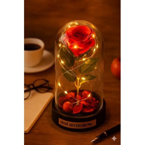 Sevgiliye Seni Seviyorum Temalı Led Işıklı Mika Fanus Kırmızı Yapma Solmayan Gül  Büyük Boy 22 cm 