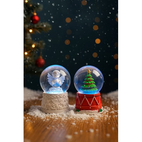 2 Adet Mini Kar Küresi 6,5 cm – Melek  & Çam Ağacı Temalı Dekoratif  Yılbaşı Noel Hediyesi
