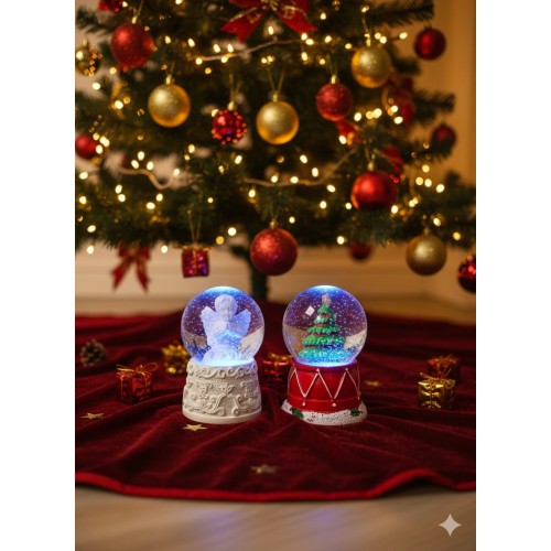 2 Adet Mini Kar Küresi 6,5 cm – Melek  & Çam Ağacı Temalı Dekoratif  Yılbaşı Noel Hediyesi