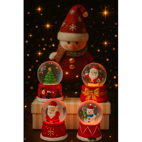 4 Adet Led Işıklı Mini Kar Küresi 6,5 cm – Noel Baba & Kardan Adam  & Çam Ağacı Dekoratif Biblo
