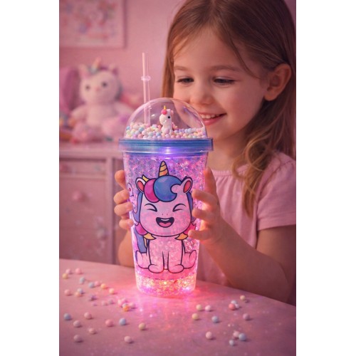 Unicorn Temalı Led Işıklı Suluk Buzlu Cam Görünümlü 450 ML Çift Katman Mika Su Şişesi 2646 Mavi
