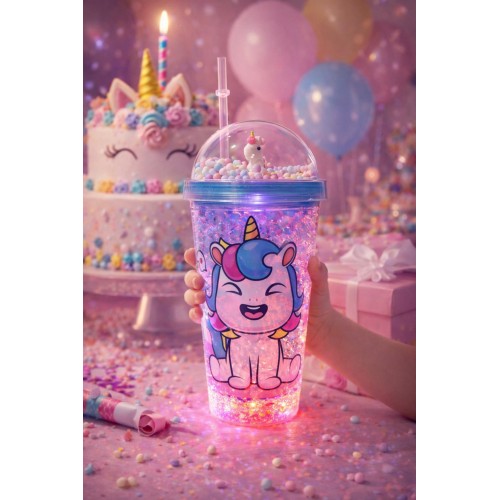 Unicorn Temalı Led Işıklı Suluk Buzlu Cam Görünümlü 450 ML Çift Katman Mika Su Şişesi 2646 Mavi