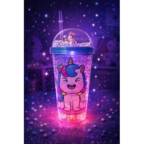 Unicorn Temalı Led Işıklı Suluk Buzlu Cam Görünümlü 450 ML Çift Katman Mika Su Şişesi 2646 Mavi