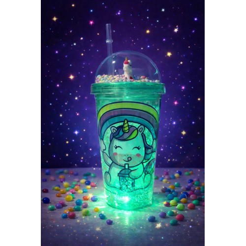 Unicorn Temalı Led Işıklı Suluk Buzlu Cam Görünümlü 450 ML Çift Katman Mika Su Şişesi 2646 Yeşil