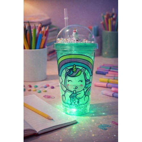 Unicorn Temalı Led Işıklı Suluk Buzlu Cam Görünümlü 450 ML Çift Katman Mika Su Şişesi 2646 Yeşil