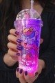Unicorn Temalı Led Işıklı Suluk Buzlu Cam Görünümlü 450 ML Çift Katman Mika Su Şişesi 2646 Mor