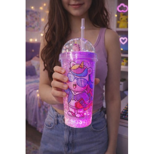 Unicorn Temalı Led Işıklı Suluk Buzlu Cam Görünümlü 450 ML Çift Katman Mika Su Şişesi 2646 Mor