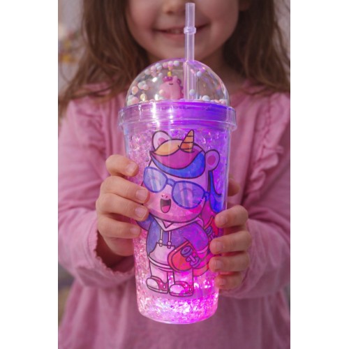 Unicorn Temalı Led Işıklı Suluk Buzlu Cam Görünümlü 450 ML Çift Katman Mika Su Şişesi 2646 Mor