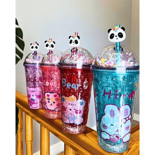 Bear Suluk Pipetli Buzlu Cam Görünümlü Led Işıklı 450 ML Çift Katman Mika 2093 Mavi