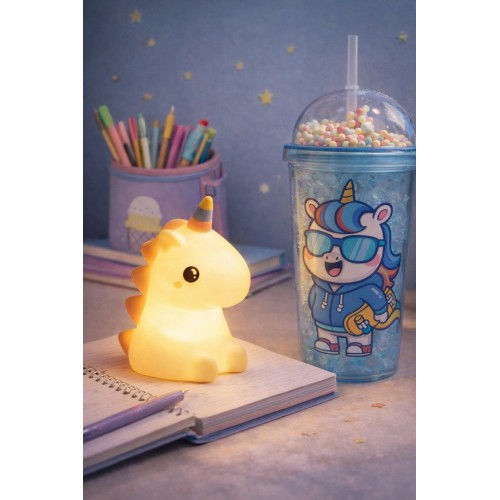 2'li Set RGB Led Unicorn Gece Lambası Yumuşak Silikon – Mavi Unicorn Tema 450 ml Çift Katman Suluk 