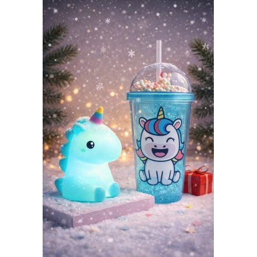 2'li Set RGB Led Unicorn Gece Lambası Yumuşak Silikon – Mavi Unicorn Tema 450 ml Çift Katman Suluk 