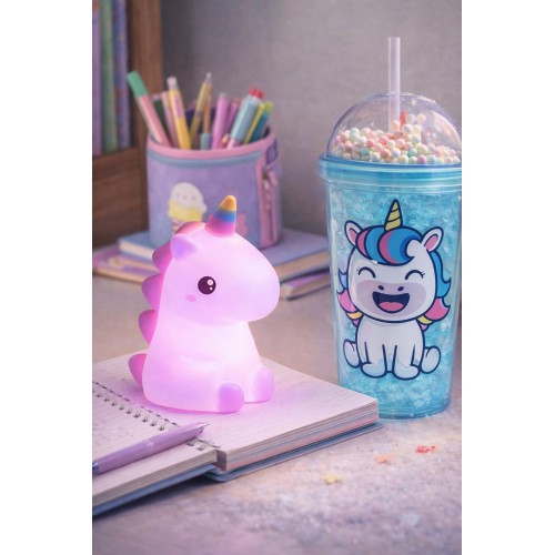 2'li Set RGB Led Unicorn Gece Lambası Yumuşak Silikon – Mavi Unicorn Tema 450 ml Çift Katman Suluk 
