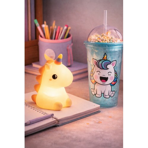 2'li Set RGB Led Unicorn Gece Lambası Yumuşak Silikon – Mavi Unicorn Tema 450 ml Çift Katman Suluk 