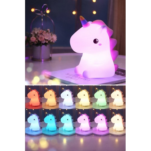 2'li Set RGB Led Unicorn Gece Lambası Yumuşak Silikon – Mavi Unicorn Tema 450 ml Çift Katman Suluk 