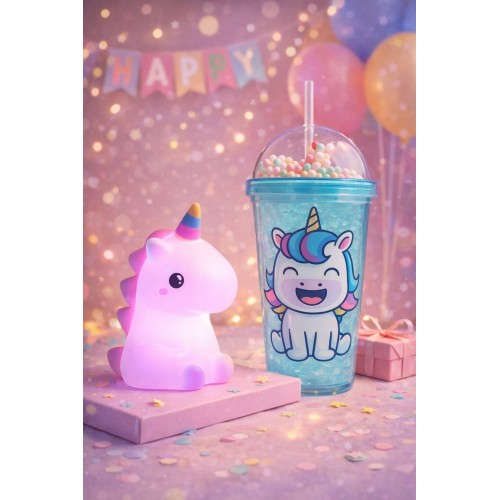 2'li Set RGB Led Unicorn Gece Lambası Yumuşak Silikon – Mavi Unicorn Tema 450 ml Çift Katman Suluk 